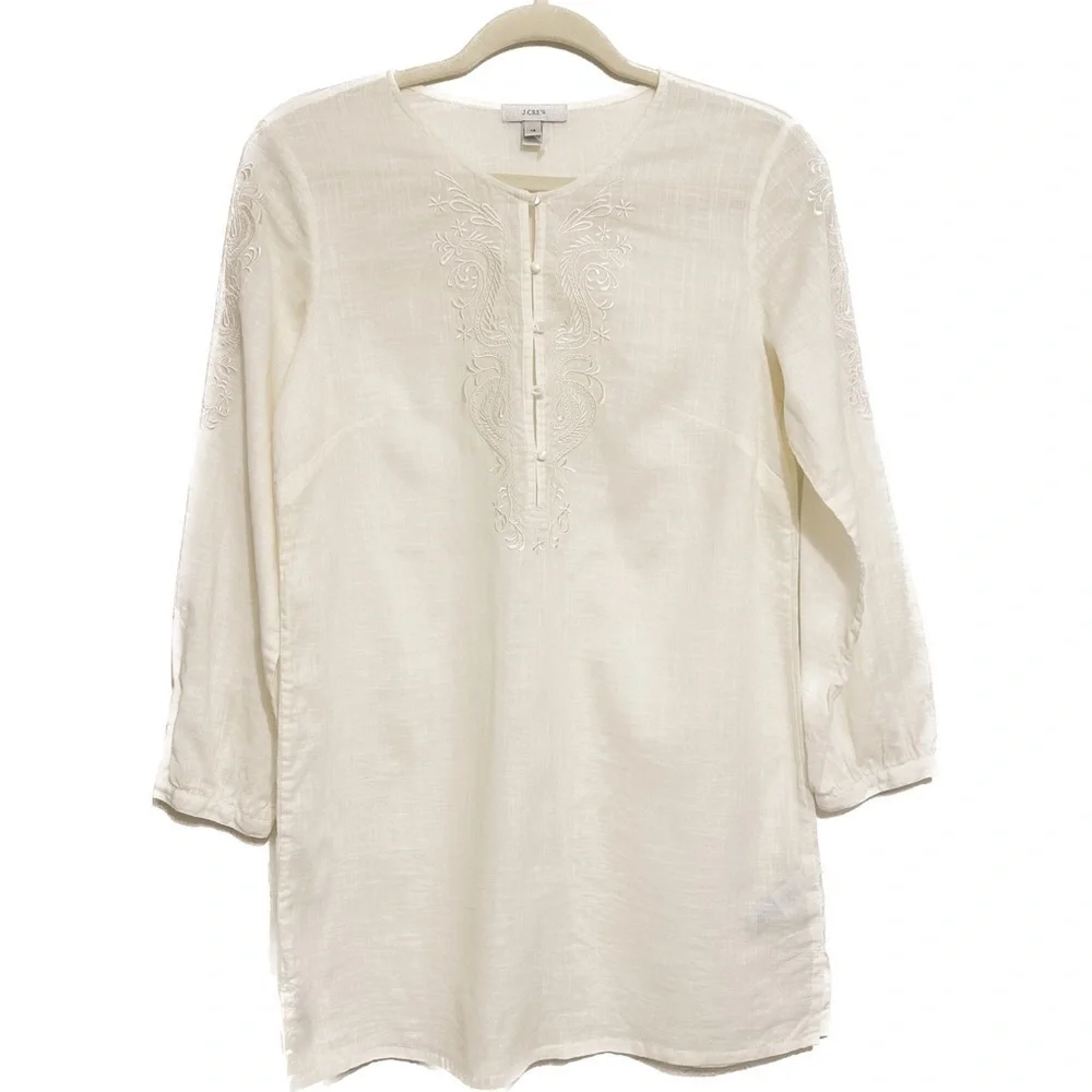 J. Crew White Cotton Linen Blend Embroidered Tunic Top Size XS